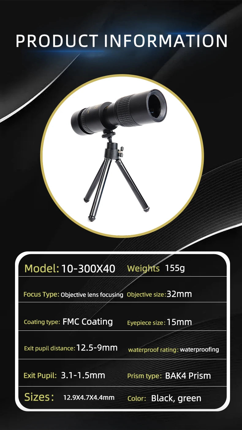 Longues-Vues Monoculaire 10-300x40 HD avec Prismes BAK4 – Télescope Portable Haute Définition pour Chasse, Camping et Observation à Longue Distance - BLACKBEARD OUTDOOR INDUSTRIES