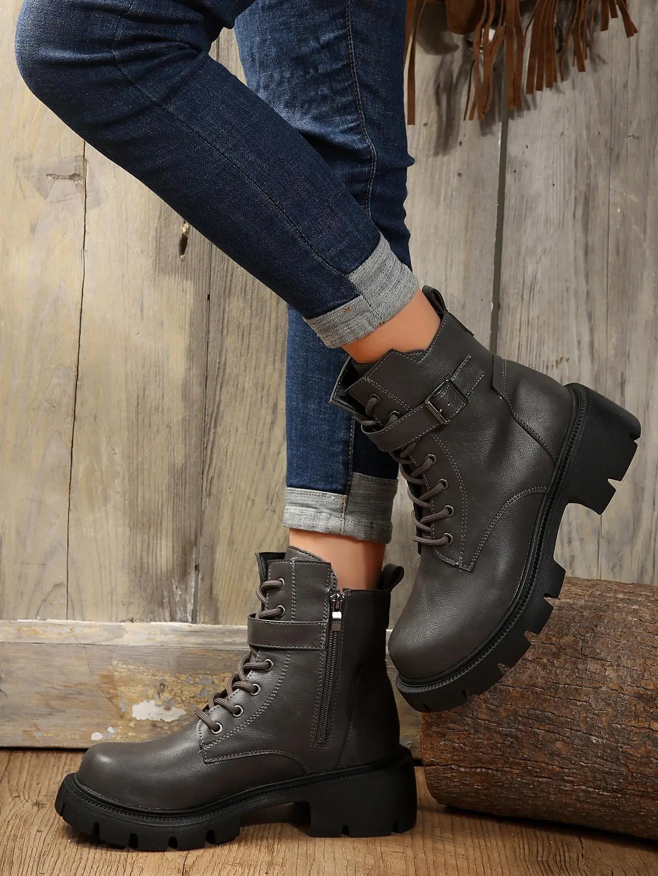 Bottines Femme à Talon Épais – Bottes Combat à Lacets & Fermeture Éclair – Style Punk Rock avec Boucle Ceinture – Pointure Jusqu’au 43 - BLACKBEARD OUTDOOR INDUSTRIES