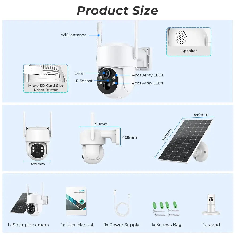 Caméra de Surveillance Solaire WiFi PTZ 4MP | Batterie 7800mAh | Vision Nocturne Couleur | Détection PIR | Étanche IP66 | iCSee App Ma boutique