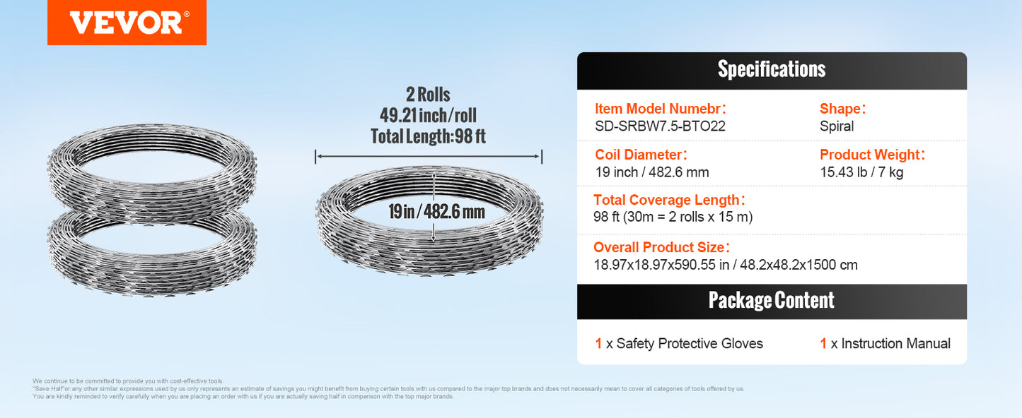VEVOR Razor Wire – Rouleaux de Fil Barbelé Lames Doubles Spirales Galvanisé pour Clôture et Sécurité Extérieure - BLACKBEARD OUTDOOR INDUSTRIES