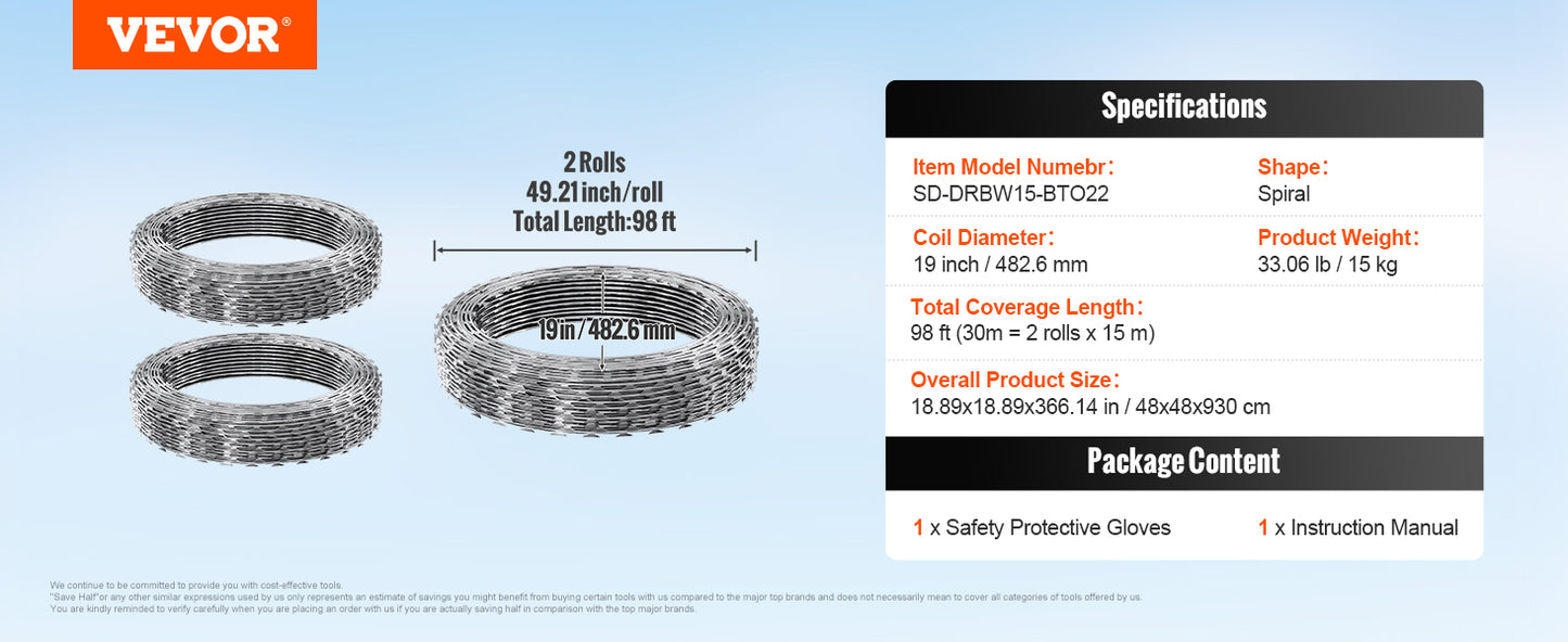 VEVOR Razor Wire – Rouleaux de Fil Barbelé Lames Doubles Spirales Galvanisé pour Clôture et Sécurité Extérieure - BLACKBEARD OUTDOOR INDUSTRIES