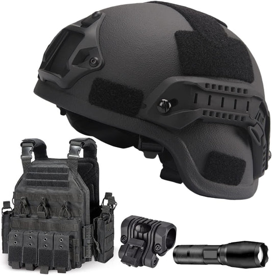 ANSNOW Casque Pare-Balles Militaire Lourd Nij Iiia En Aramide, Gilet Airsoft, Porte-Plaque À Dégagement Rapide, Gilet Tactique Militaire, Avec Lampe de Poche Et Support/C1