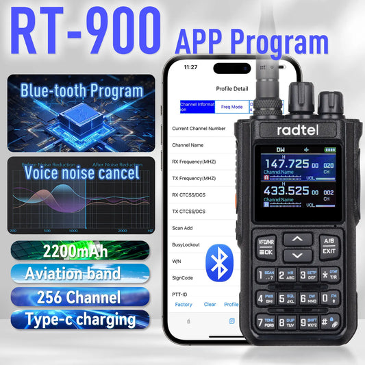 Talkie-Walkie Radtel RT-900 Ham Radio Full Band 8W – 256 Canaux, Air Band, Programmation Bluetooth (Optionnelle) - BLACKBEARD OUTDOOR INDUSTRIES