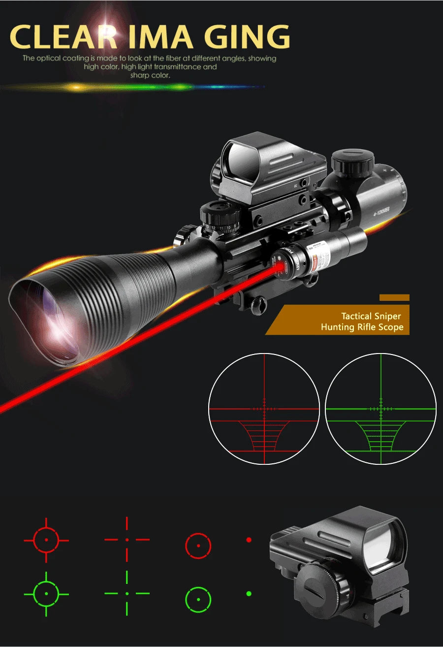 Lunette de Tir 4-12x50 avec Réticule Télémétrique Illuminé + Viseur Holographique 4 Réticules + Laser Rouge/Vert - Rail 20mm - BLACKBEARD OUTDOOR INDUSTRIES