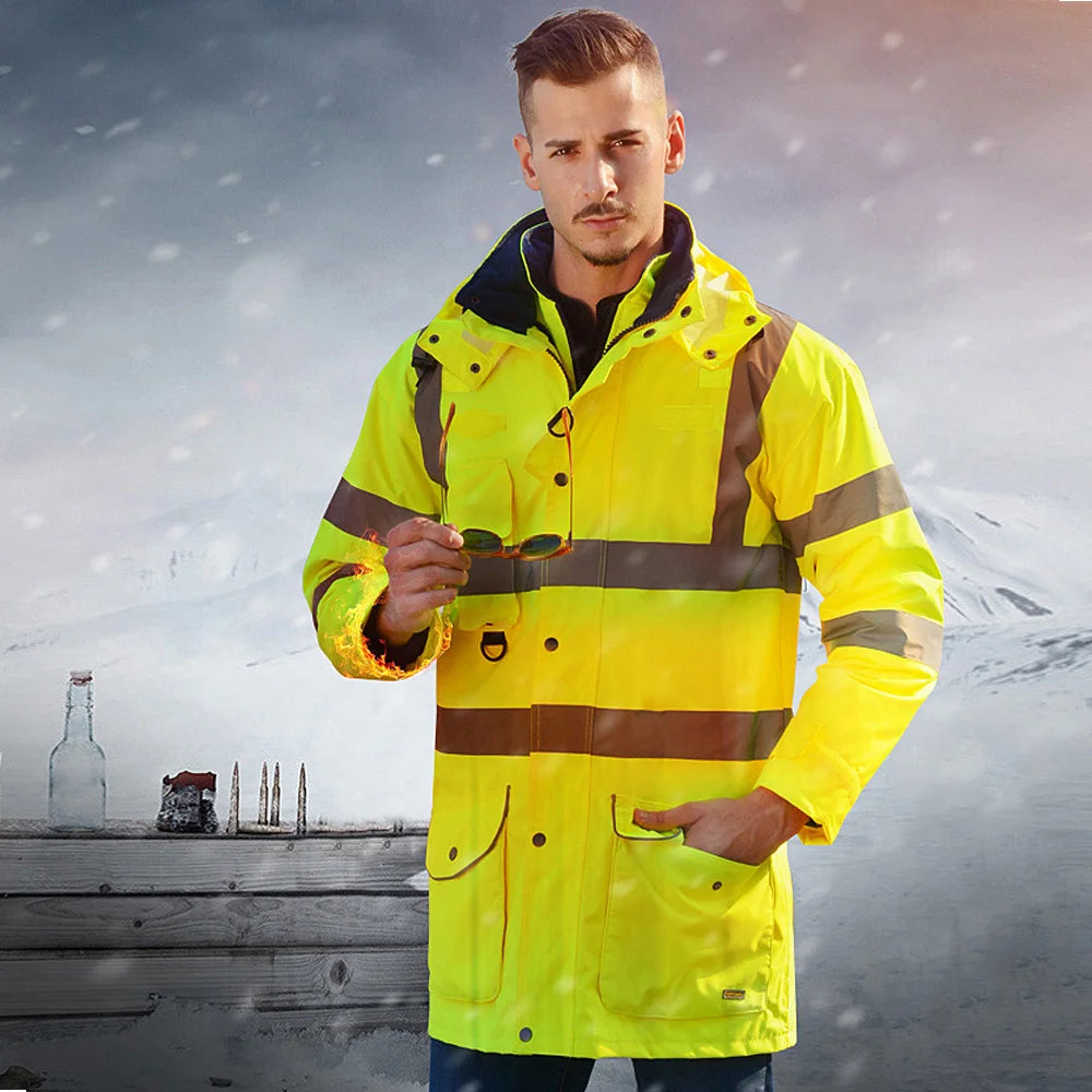 Veste de Sécurité Haute Visibilité EN471 ANSI/SEA 107 7-en-1 - Parka Imperméable et Coupe-Vent, Vêtement de Travail Réfléchissant, Manteau de Pluie Chaud et Résistant - BLACKBEARD OUTDOOR INDUSTRIES