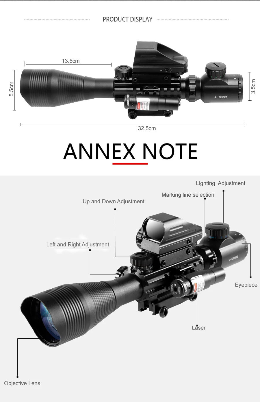 Lunette de Tir 4-12x50 avec Réticule Télémétrique Illuminé + Viseur Holographique 4 Réticules + Laser Rouge/Vert - Rail 20mm - BLACKBEARD OUTDOOR INDUSTRIES