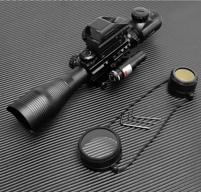 Lunette de Tir 4-12x50 avec Réticule Télémétrique Illuminé + Viseur Holographique 4 Réticules + Laser Rouge/Vert - Rail 20mm - BLACKBEARD OUTDOOR INDUSTRIES