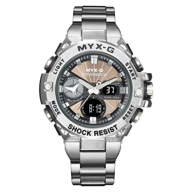 Montre Homme Énergie Solaire STRYVE – Style Acier Inoxydable – Double Affichage Analogique & Digital – Multifonction – Étanche 50M - BLACKBEARD OUTDOOR INDUSTRIES