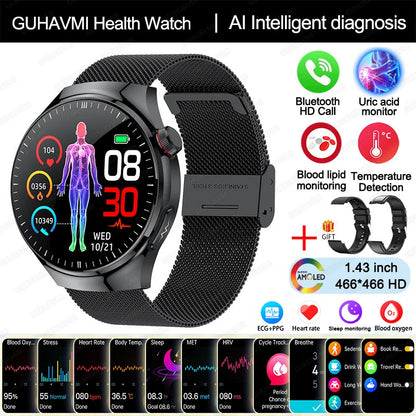Montre Connectée Médicale GUHUAVMI TK26 – ECG+PPG – Uric Acid, Température, Lipides, Appels Bluetooth – Écran AMOLED 1.43” – Étanche IP68 - BLACKBEARD OUTDOOR INDUSTRIES