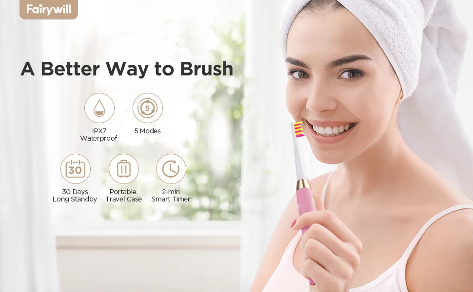 Brosse à dents électrique Fairywill FW-508 à ultrasons – Rechargeable, Minuteur, 5 Modes, Charge rapide, 8 têtes pour adultes - BLACKBEARD OUTDOOR INDUSTRIES