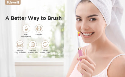 Brosse à dents électrique Fairywill FW-508 à ultrasons – Rechargeable, Minuteur, 5 Modes, Charge rapide, 8 têtes pour adultes - BLACKBEARD OUTDOOR INDUSTRIES