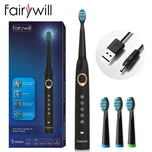 Brosse à dents électrique Fairywill FW-508 à ultrasons – Rechargeable, Minuteur, 5 Modes, Charge rapide, 8 têtes pour adultes - BLACKBEARD OUTDOOR INDUSTRIES