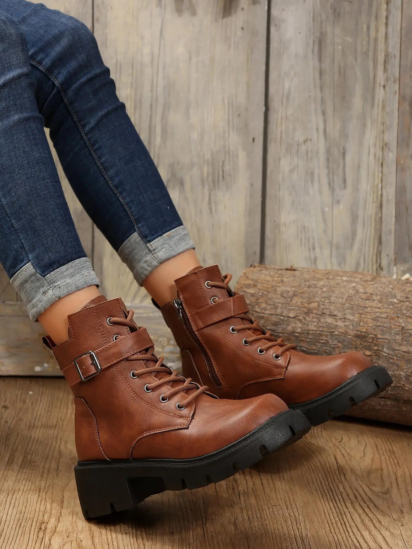 Bottines Femme à Talon Épais – Bottes Combat à Lacets & Fermeture Éclair – Style Punk Rock avec Boucle Ceinture – Pointure Jusqu’au 43 - BLACKBEARD OUTDOOR INDUSTRIES