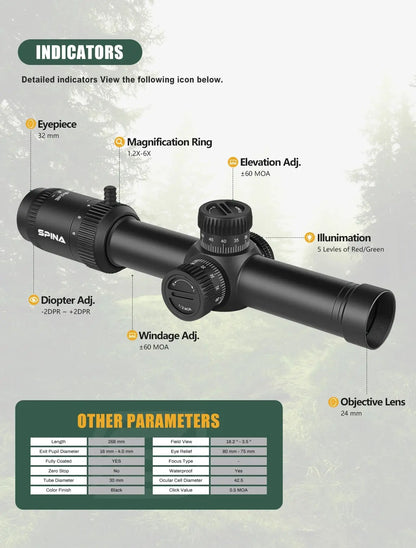 SPINA OPTICS WolfChase LPVO 1.2-6x24 FFP/SFP - Lunette de Tir pour Fusil, Viseur à Point Rouge, Optique de Chasse et CQB Ma boutique