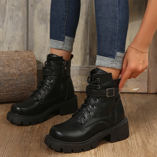Bottines Femme à Talon Épais – Bottes Combat à Lacets & Fermeture Éclair – Style Punk Rock avec Boucle Ceinture – Pointure Jusqu’au 43 - BLACKBEARD OUTDOOR INDUSTRIES