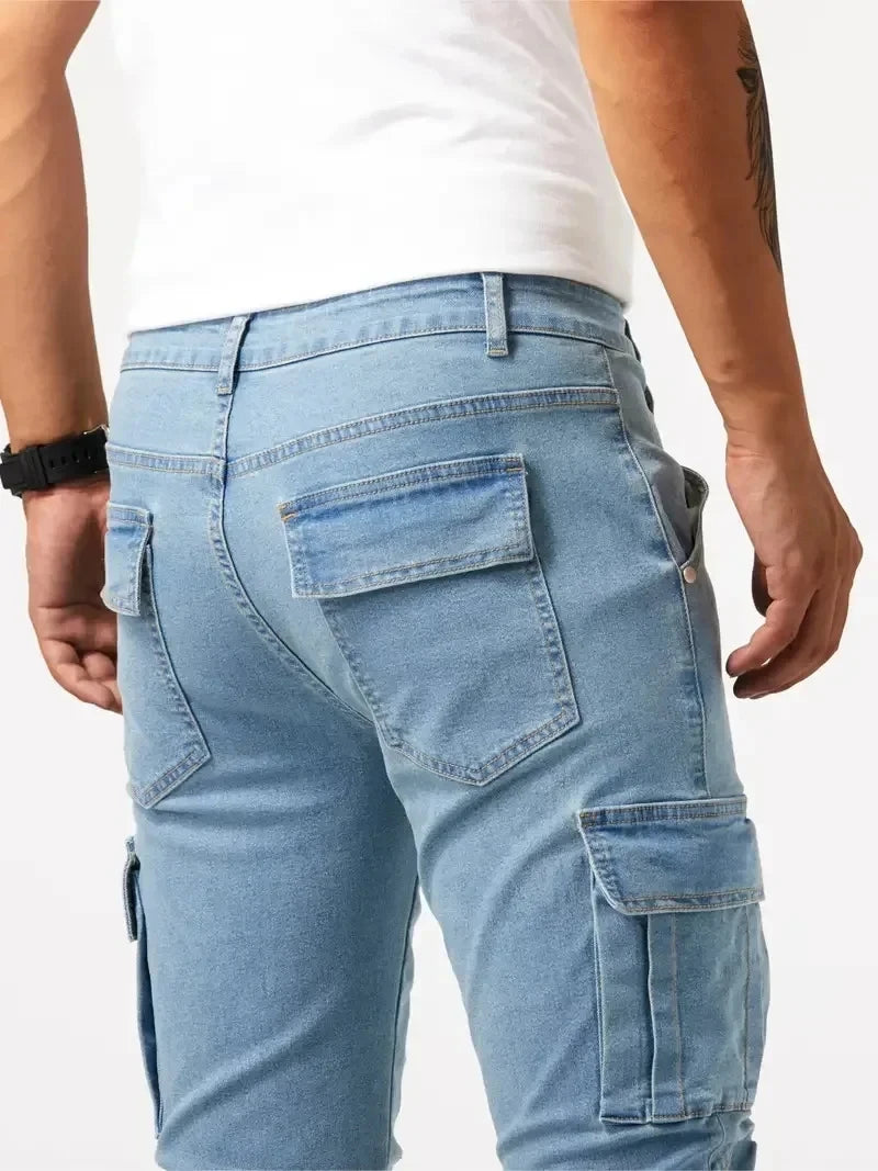 Jeans Cargo Homme Élastique 2025 – Denim Stonewashed, Multi Poches, Style Hip-Hop Casual - BLACKBEARD OUTDOOR INDUSTRIES