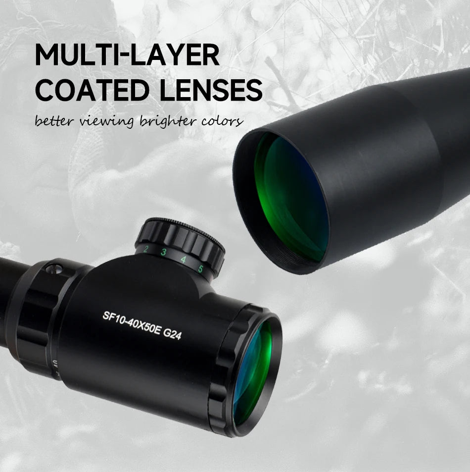 Lunette de Visée Tactique SFP 4-16X44 / 6-24X50 / 10-40X50 avec Réticule Illuminé Rouge & Vert, Réglage Parallaxe - BLACKBEARD OUTDOOR INDUSTRIES
