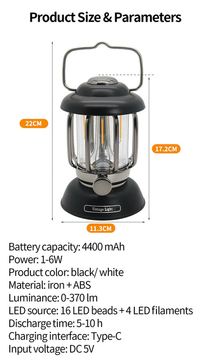 Lanterne de Camping Portable USB Rechargeable – Lampe LED Rétro Étanche pour Pêche, Randonnée, Tente, Lumière d'Urgence - BLACKBEARD OUTDOOR INDUSTRIES