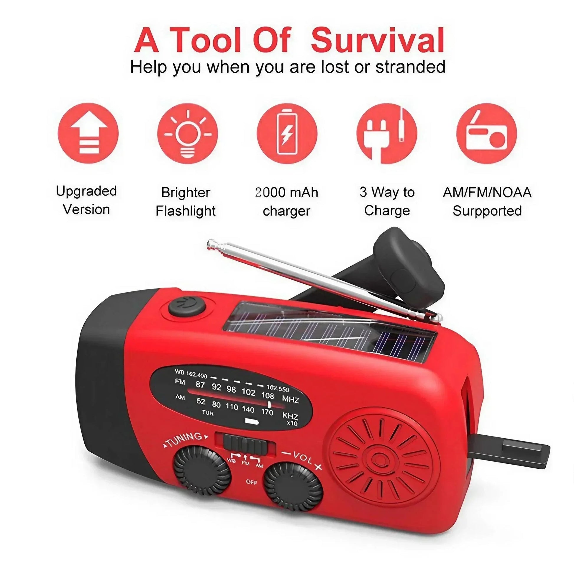📻 Radio d’Urgence Solaire et Manuelle – STONEGO 3-en-1 avec Lampe Torche & Batterie 2000mAh Ma boutique