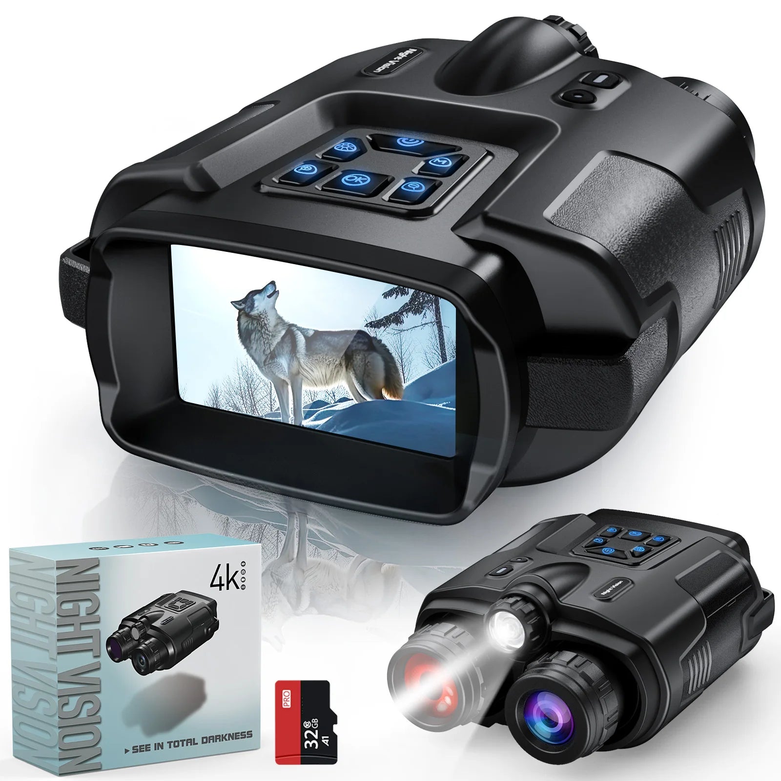 Jumelles de Vision Nocturne 4K avec Écran 3” – Zoom Digital 8X, 32GB, IR, Batterie 5000mAh, IP65 Ma boutique