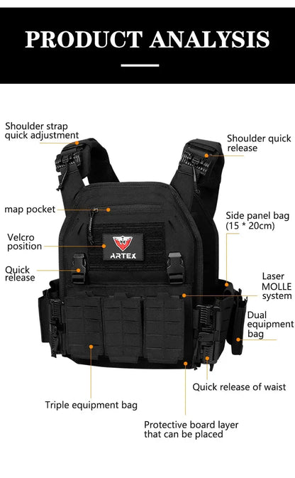 Gilet Tactique ARTEX Plate Carrier – Dégrafe Rapide, Molle Laser Cut, 1000D Ma boutique