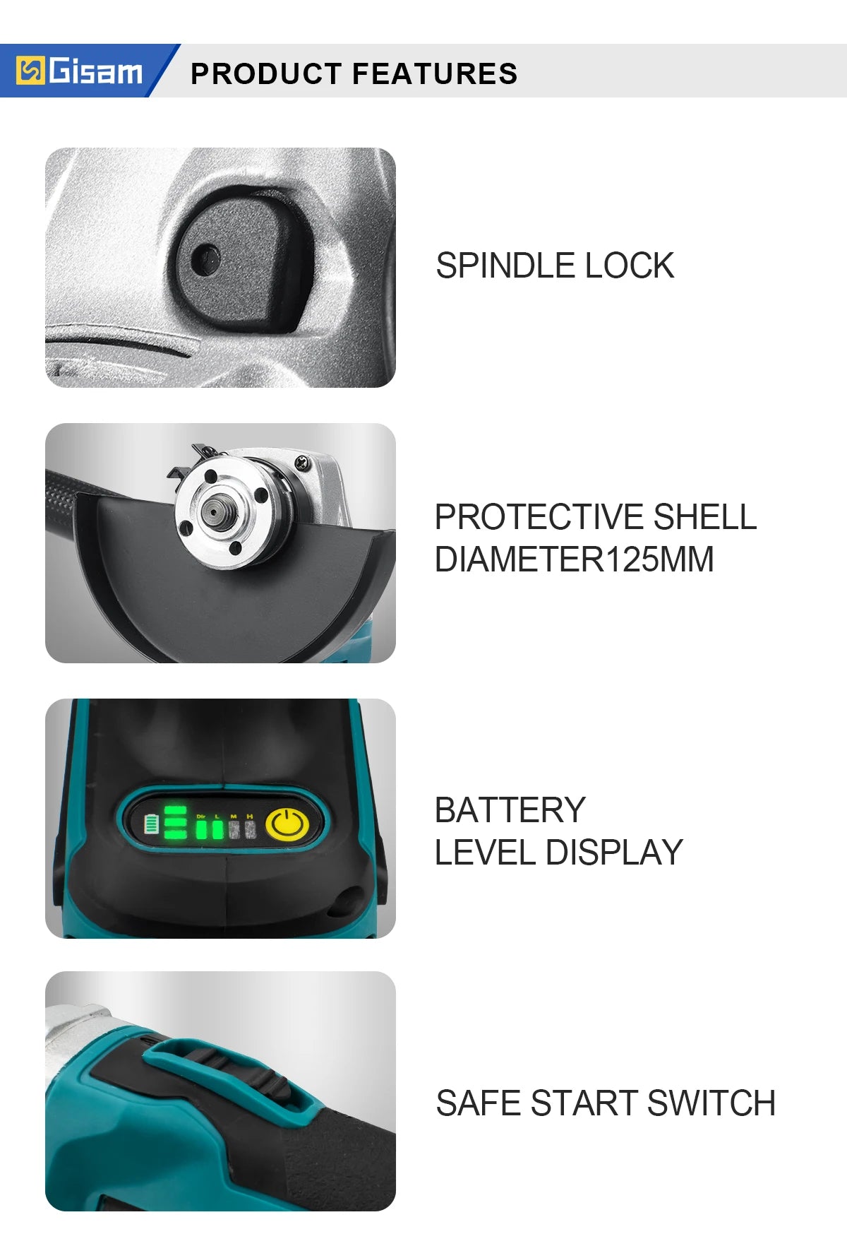 Meuleuse d’Angle Électrique Brushless 125 mm Gisam – Vitesse Variable – Compatible Batterie Makita 18V - BLACKBEARD OUTDOOR INDUSTRIES