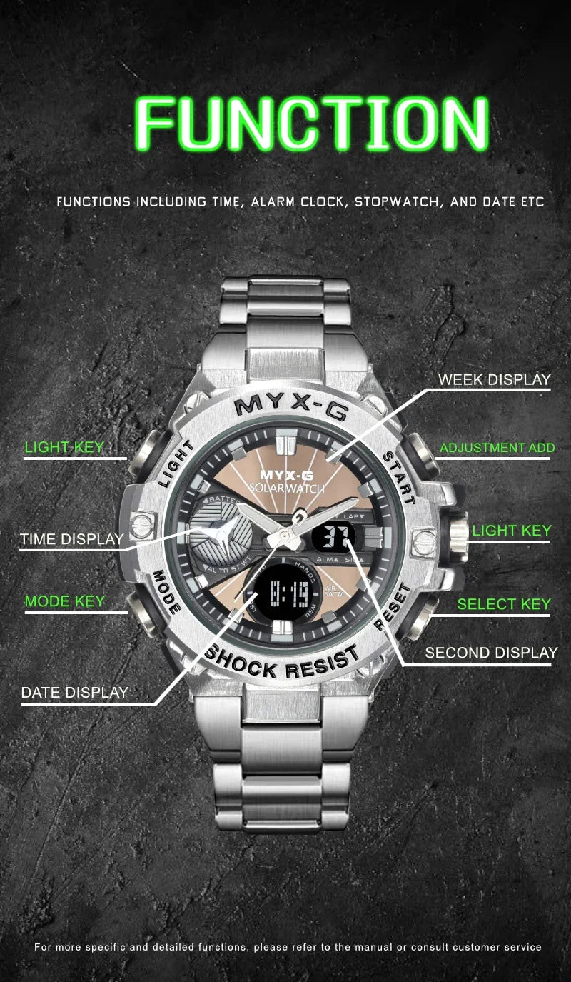 Montre Homme Énergie Solaire STRYVE – Style Acier Inoxydable – Double Affichage Analogique & Digital – Multifonction – Étanche 50M - BLACKBEARD OUTDOOR INDUSTRIES