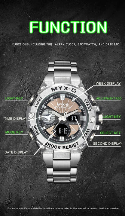 Montre Homme Énergie Solaire STRYVE – Style Acier Inoxydable – Double Affichage Analogique & Digital – Multifonction – Étanche 50M - BLACKBEARD OUTDOOR INDUSTRIES