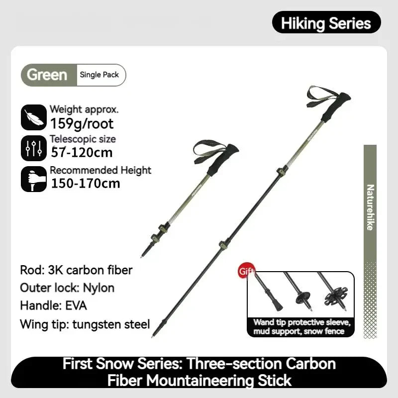 Naturehike Bâton de Randonnée 3 Sections – Fibre de Carbone 3K Ultraléger, Réglable, Pointe Tungstène – Modèle EXT1 - BLACKBEARD OUTDOOR INDUSTRIES