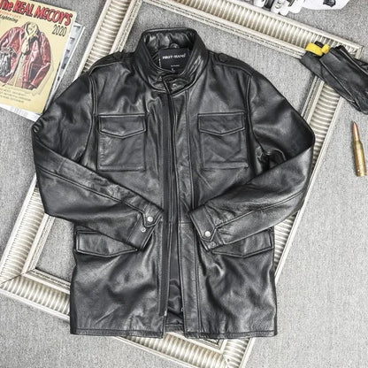 M65 Hunting100% Genuine Leather Jacket Men Cowhide Mid-length Multiple Pockets Coat Winter Autumn Windproof Motorcycle Outwear BLACKBEARD OUTDOOR INDUSTRIES