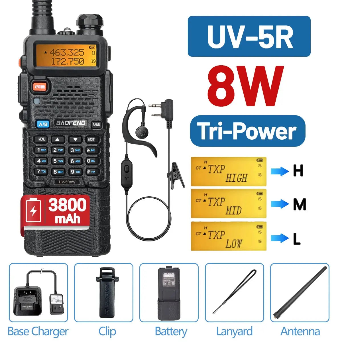 Baofeng UV-5R – Radio Bi-Bande VHF/UHF | 128 Canaux, Jusqu'à 15 km de Portée, Lampe LED et FM Ma boutique