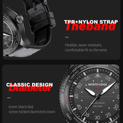 Montre Homme NORTH EDGE MACH 2024 – Solaire – Étanche 50M – Double Fuseau Horaire – Bracelet TPR & Nylon – Style Pilote - BLACKBEARD OUTDOOR INDUSTRIES