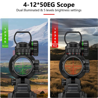 Lunette de Tir 4-12x50 avec Réticule Télémétrique Illuminé + Viseur Holographique 4 Réticules + Laser Rouge/Vert - Rail 20mm - BLACKBEARD OUTDOOR INDUSTRIES