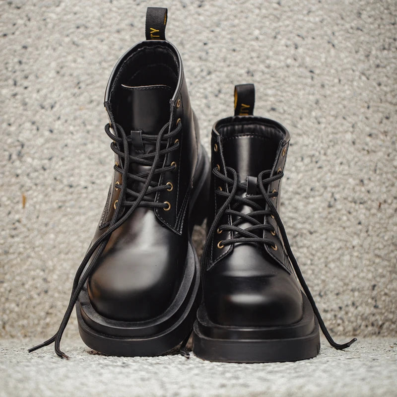 Maden Men's Handmade Cowboy Boots Black Motorcycle Boot British Split Leather TPR Sole Work Safety Boot Mid Outside Shoes BLACKBEARD OUTDOOR INDUSTRIES