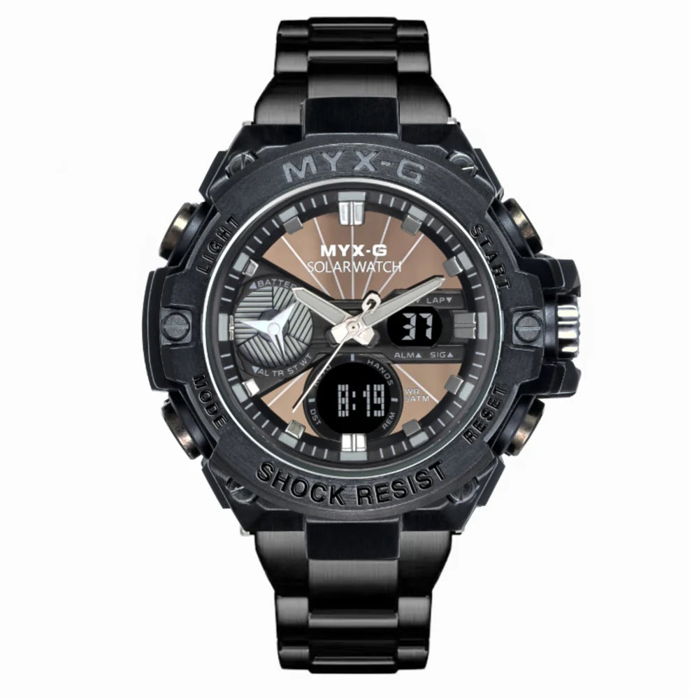 Montre Homme Énergie Solaire STRYVE – Style Acier Inoxydable – Double Affichage Analogique & Digital – Multifonction – Étanche 50M - BLACKBEARD OUTDOOR INDUSTRIES