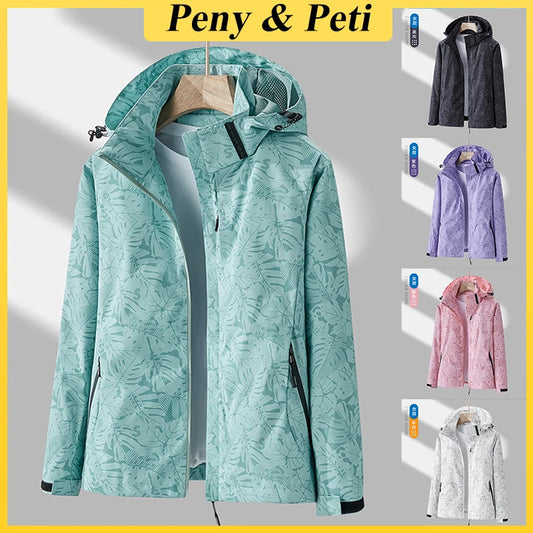 Veste de Sport pour Femme avec Imprimé Feuilles – Veste Outdoor Déperlant, Imperméable et Coupe-Vent avec Capuche Détachable – Idéale pour la Randonnée et les Activités de Loisirs - BLACKBEARD OUTDOOR INDUSTRIES