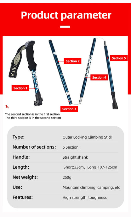 Bâton de Randonnée Pliable 5 Sections – PACOONE | Léger, Télescopique & Portable – 130 cm - BLACKBEARD OUTDOOR INDUSTRIES