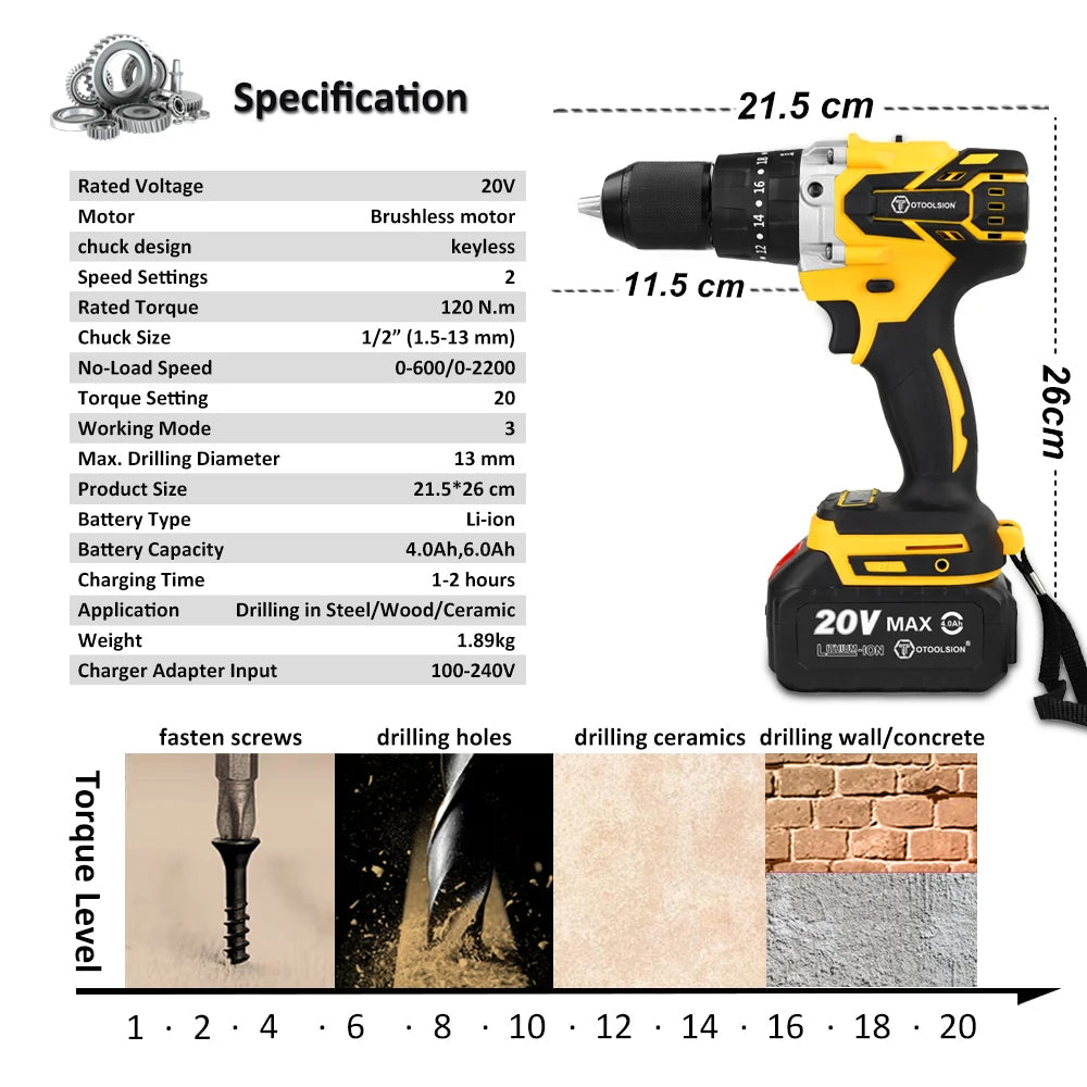 OToolsion 20V 13MM Perceuse sans fil à moteur Brushless – Visseuse à impact pour béton BLACKBEARD OUTDOOR INDUSTRIES