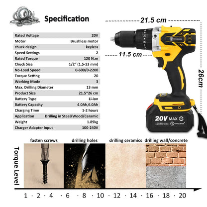 OToolsion 20V 13MM Perceuse sans fil à moteur Brushless – Visseuse à impact pour béton BLACKBEARD OUTDOOR INDUSTRIES