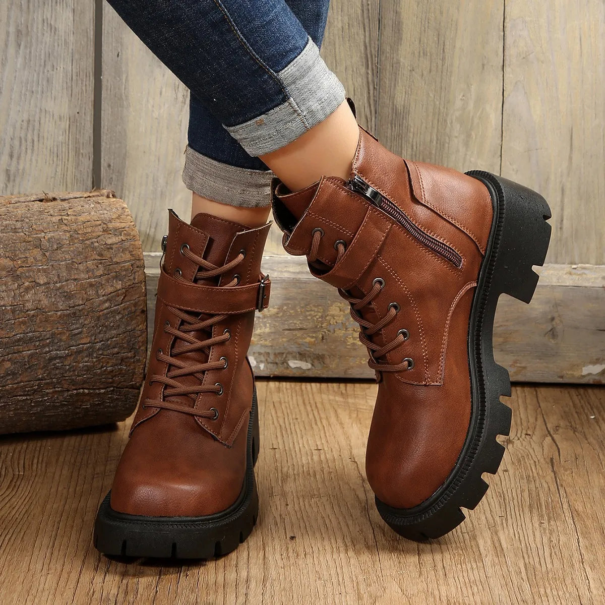 Bottines Femme à Talon Épais – Bottes Combat à Lacets & Fermeture Éclair – Style Punk Rock avec Boucle Ceinture – Pointure Jusqu’au 43 - BLACKBEARD OUTDOOR INDUSTRIES