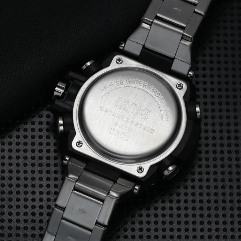 Montre Homme Énergie Solaire STRYVE – Style Acier Inoxydable – Double Affichage Analogique & Digital – Multifonction – Étanche 50M - BLACKBEARD OUTDOOR INDUSTRIES