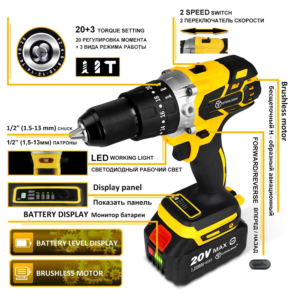 OToolsion 20V 13MM Perceuse sans fil à moteur Brushless – Visseuse à impact pour béton BLACKBEARD OUTDOOR INDUSTRIES