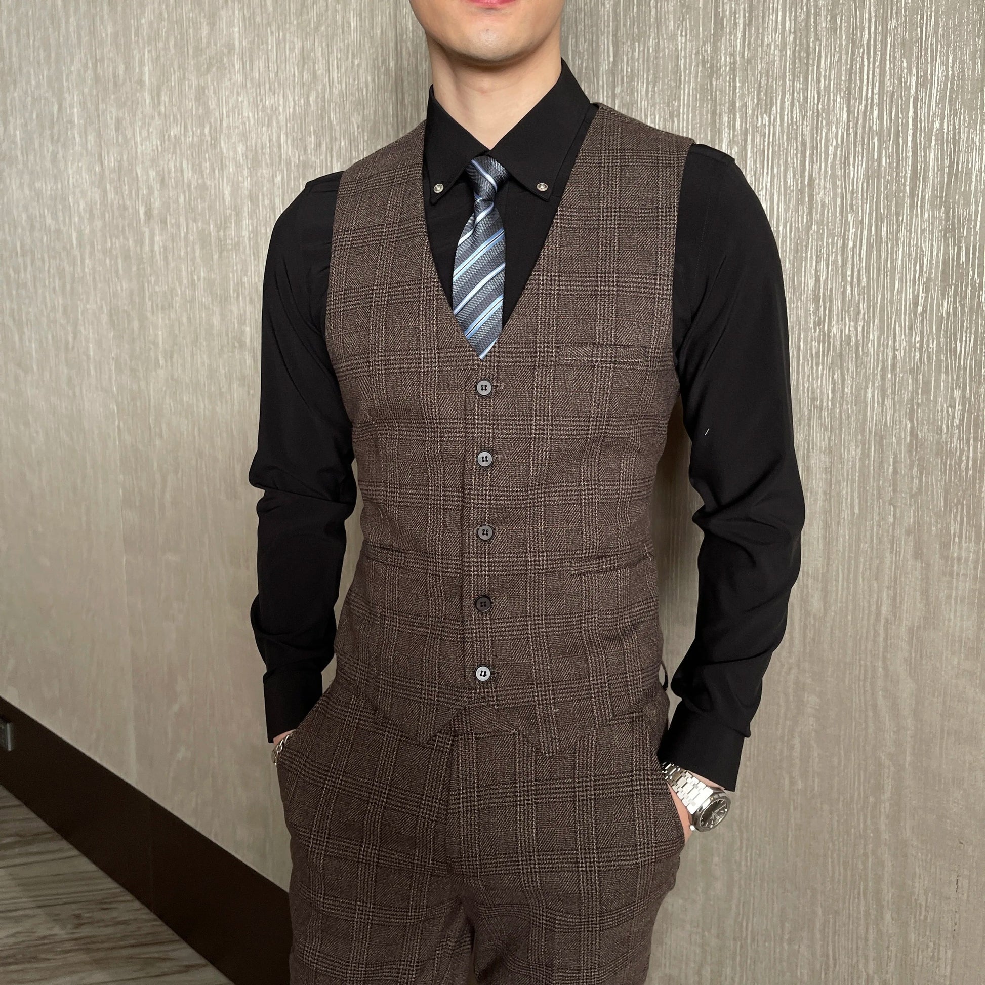 Costume 3 Pièces Homme Style Britannique Coréen Haut de Gamme à Carreaux Modifiés - Costume Élégant Business Casual avec Gilet et Pantalon BLACKBEARD OUTDOOR INDUSTRIES