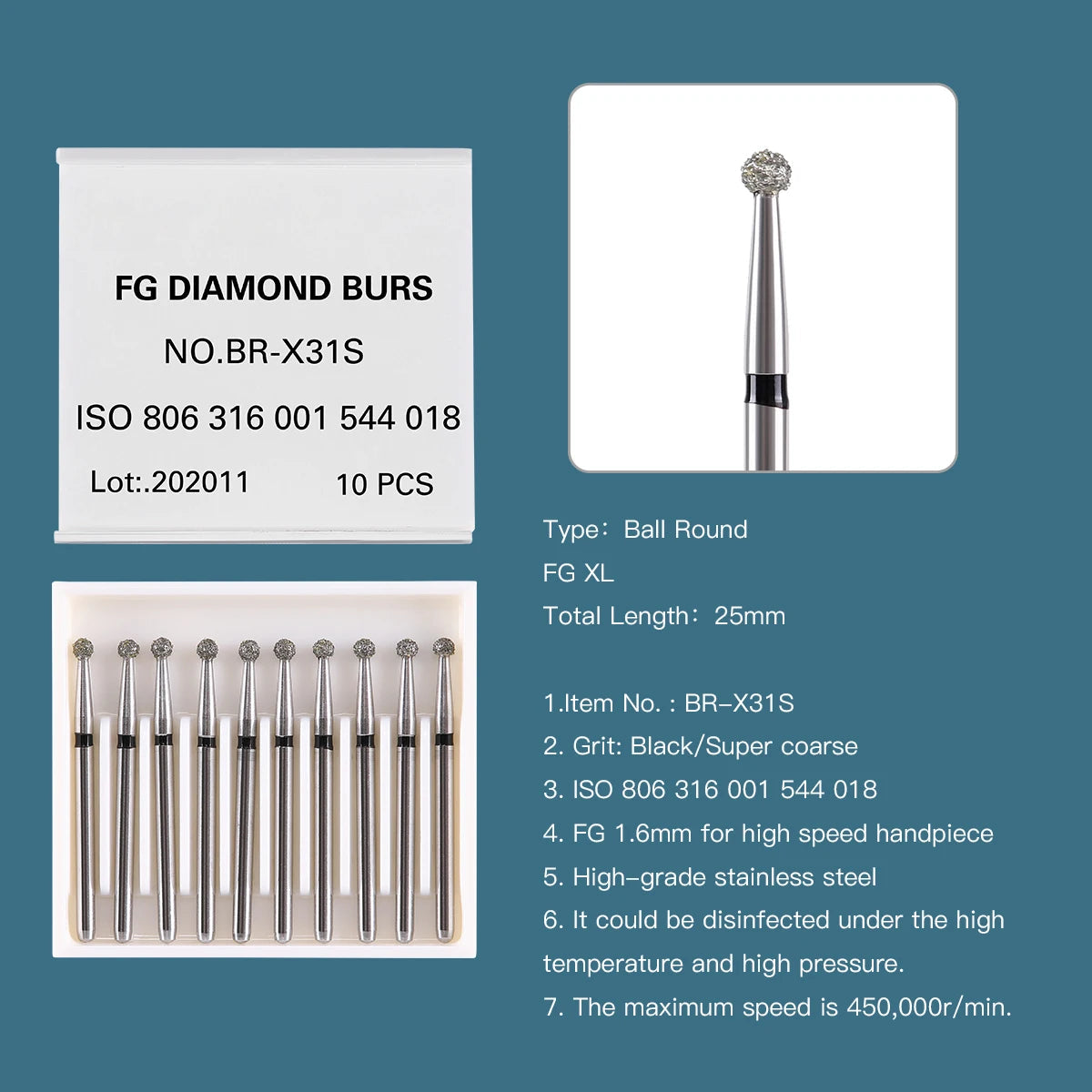 AZDENT 10 pcs Fraises Diamantées Dentaires – Type Boule FG 1,6 mm, 25 mm pour Turbine Haute Vitesse Ma boutique