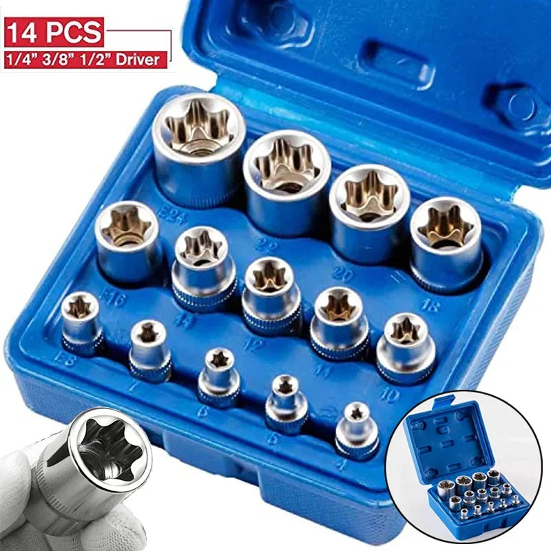 Jeu de Douilles Femelles Torx E4 à E24 – 14 Pièces | Douilles Étoile Externe (E-Torx) en Acier Chrome Vanadium - BLACKBEARD OUTDOOR INDUSTRIES