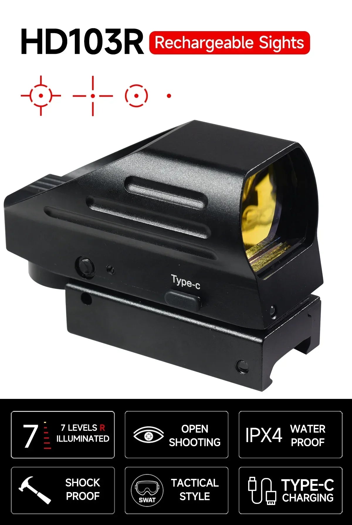 HD103 Red Dot Sight Rechargeable USB Type-C – 4 Réticules – Lunette de Visée Tactique pour Rail 20 mm - BLACKBEARD OUTDOOR INDUSTRIES
