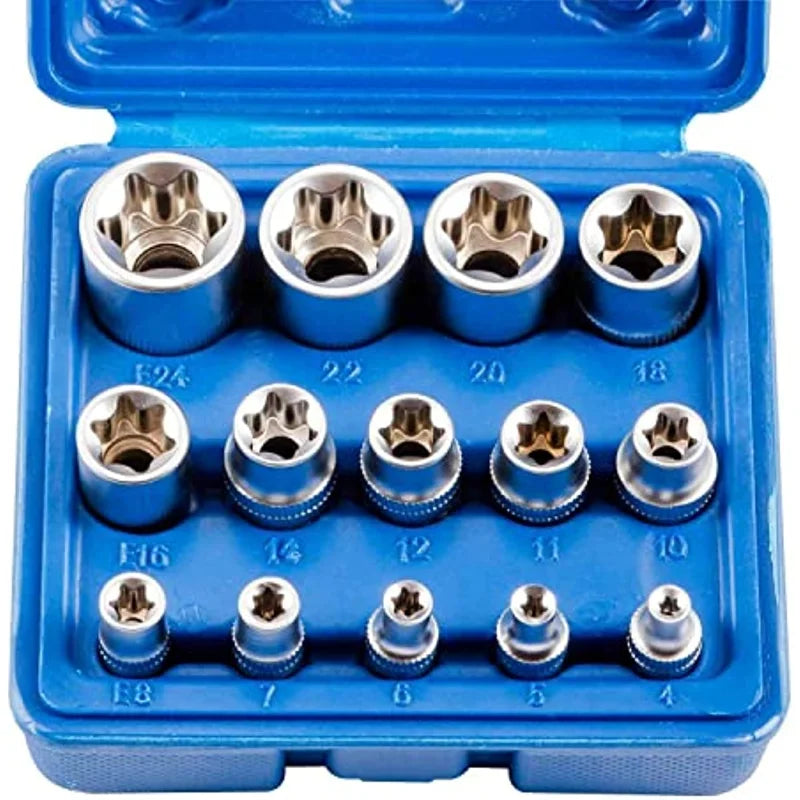 Jeu de Douilles Femelles Torx E4 à E24 – 14 Pièces | Douilles Étoile Externe (E-Torx) en Acier Chrome Vanadium - BLACKBEARD OUTDOOR INDUSTRIES