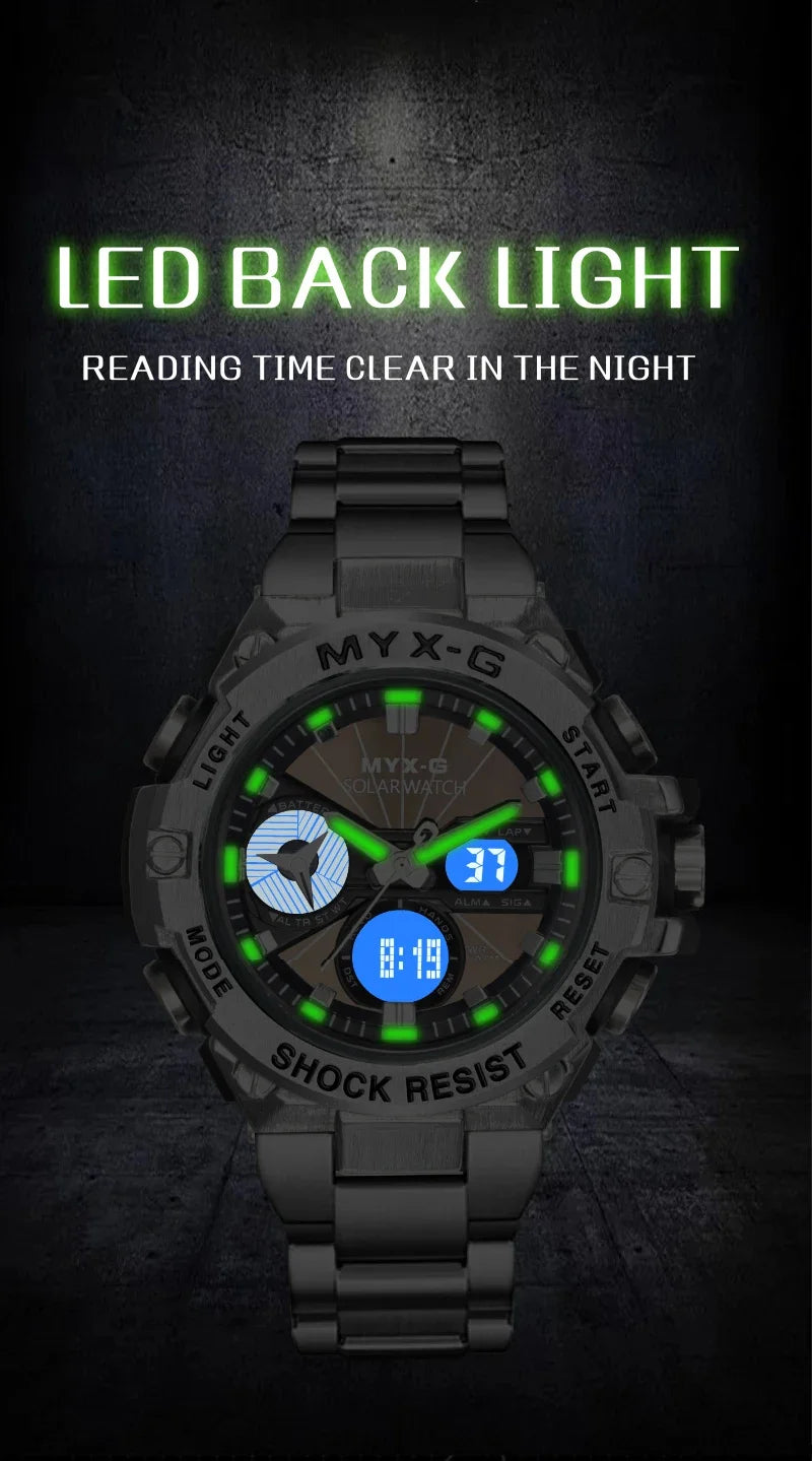 Montre Homme Énergie Solaire STRYVE – Style Acier Inoxydable – Double Affichage Analogique & Digital – Multifonction – Étanche 50M - BLACKBEARD OUTDOOR INDUSTRIES
