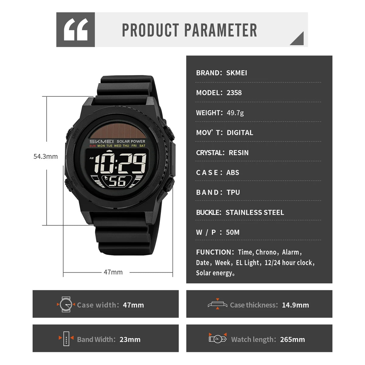 Montre Digitale Sportive Homme SKMEI 2358 – Énergie Solaire, Étanche 5Bar, Chronographe - BLACKBEARD OUTDOOR INDUSTRIES