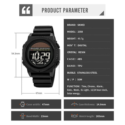 Montre Digitale Sportive Homme SKMEI 2358 – Énergie Solaire, Étanche 5Bar, Chronographe - BLACKBEARD OUTDOOR INDUSTRIES